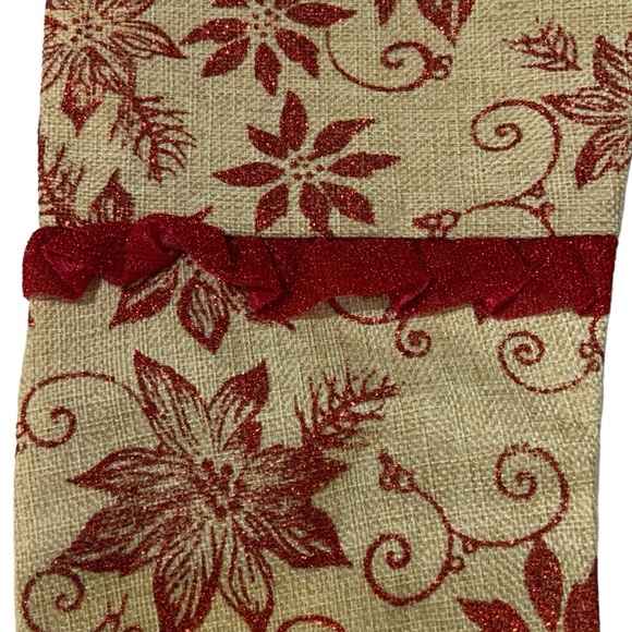 Simply Holiday Christmas Stockings Burlap Glitter Poinsettia Print Ruffle 2 PC - Picture 6 of 16